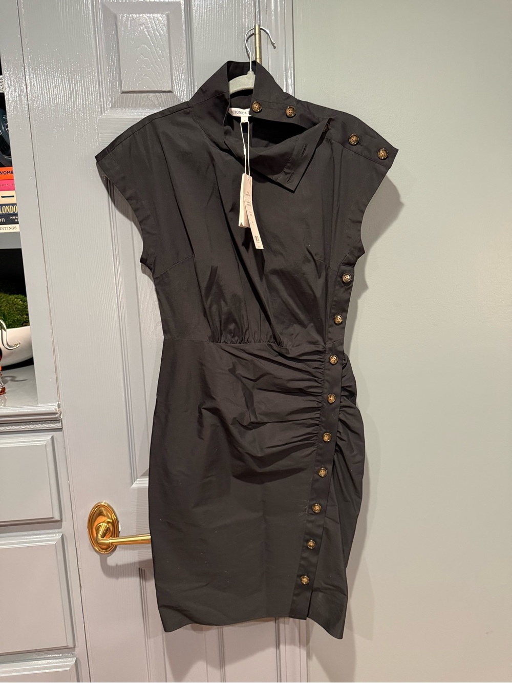 Veronica Beard Black Button-Accent Ruched Dress size 4 NWT